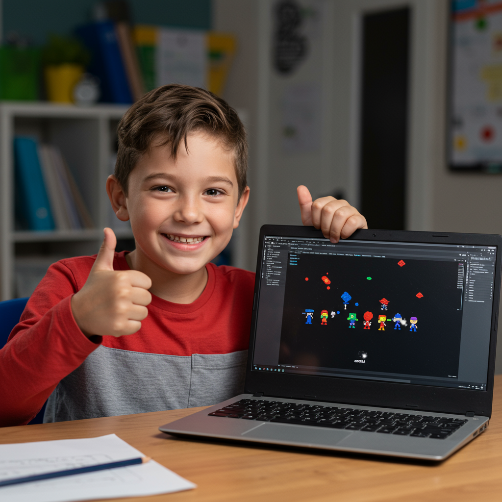 Dijete ponosno pokazuje svoj Scratch projekat